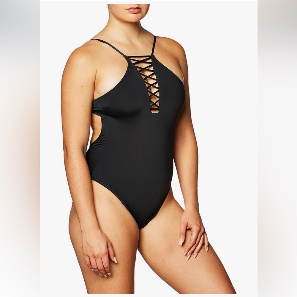 NWT Hobie One Piece Swimsuit Large Black Women's High Neck Strappy Front